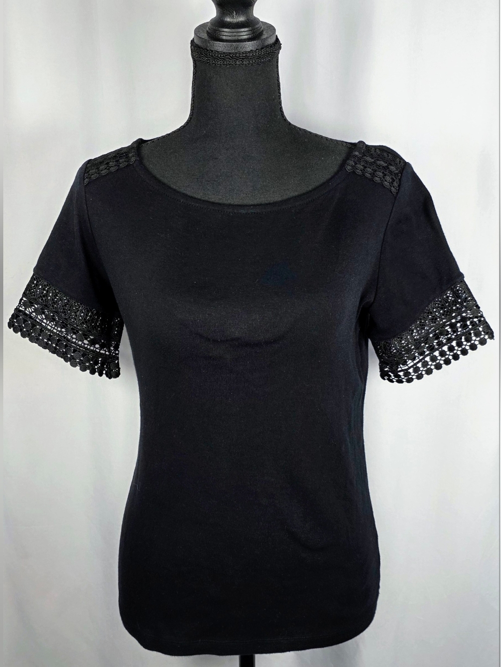 Karen Scott Black Top XS Lace Trim Short Sleeve Cotton Knit Blouse